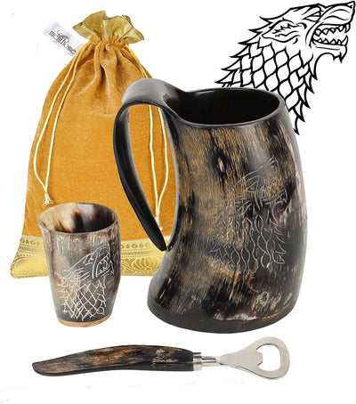 Engraved Medieval Norse Style Polished Drinking Horn Mug - with Horn Shot Glass | Bottle Opener | Golden Gift Bag | Large Horn Spoon | 20 Oz. (Carved Mug)