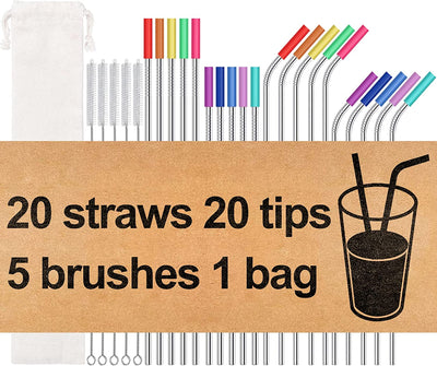20 Pack Reusable Stainless Steel Metal Straws,10.5" & 8.5" Reusable Drinking Straws with 20 Silicone Tips 5 Straw Brushes 1 Travel Case,Eco Friendly Extra Long Metal Straw Fit for 20 24 30 oz Tumbler