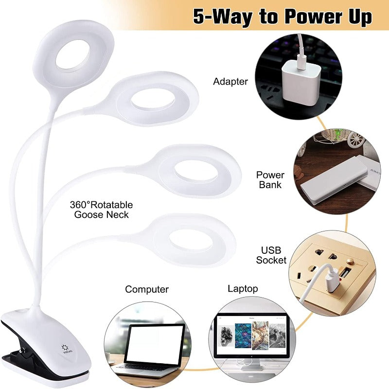 Clip on Touch-On-Off Reading Light, 28 LEDs, USB Rechargeable Desk Lamp with 3 Light Modes, 360°Flexible Adjusting 