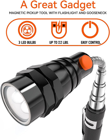  Telescoping Magnetic Pickup Tools, LED Magnetic Flashlights with Extendable Magnet Stick, Birthday Gifts for Men, Dad, Husband, Craftsman and Mechanic, Black