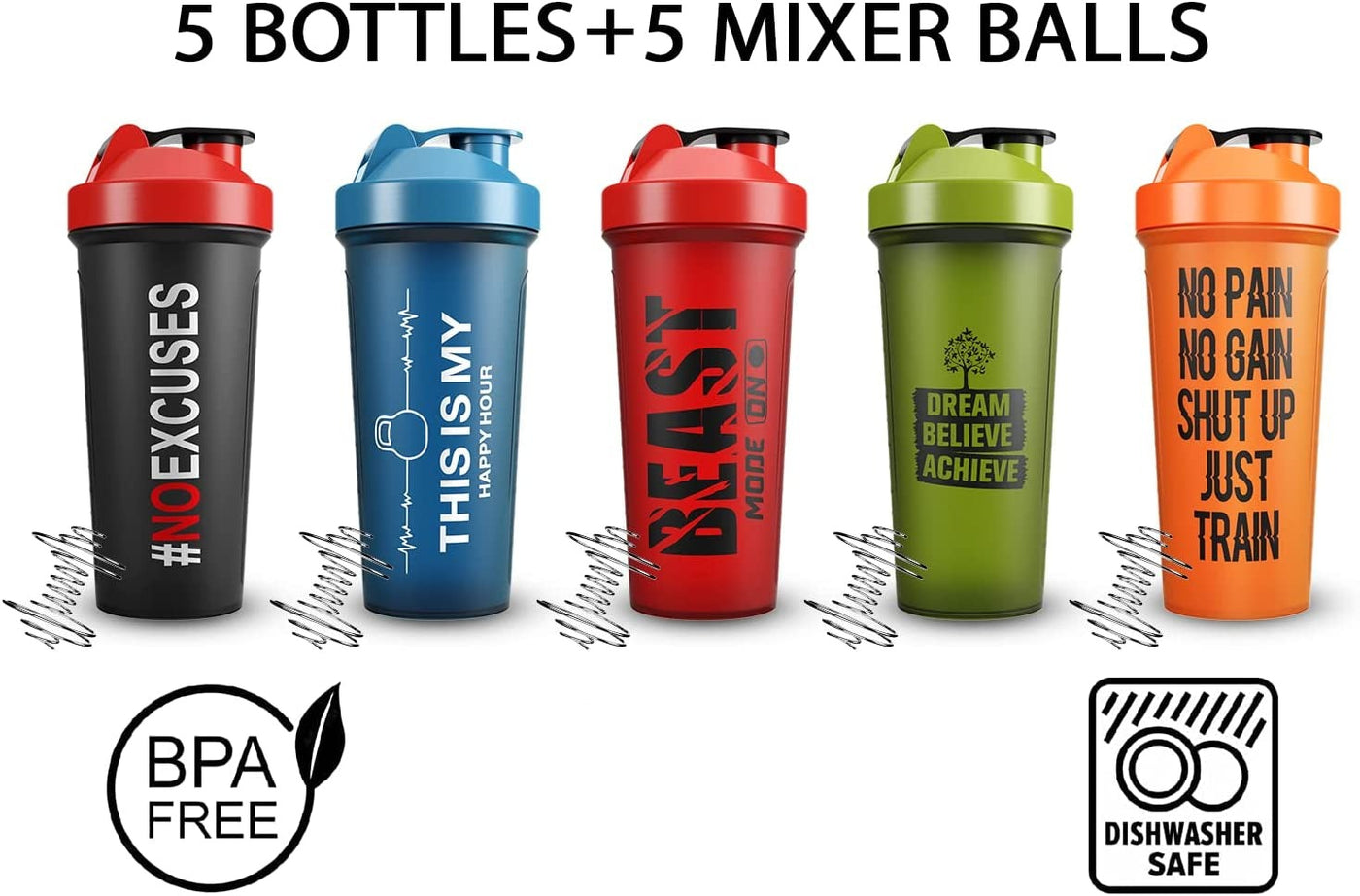 Pack of 5 Shaker Bottles for Protein Mixes, Water, Shakes & Smoothies -24oz each - Dishwasher Safe 