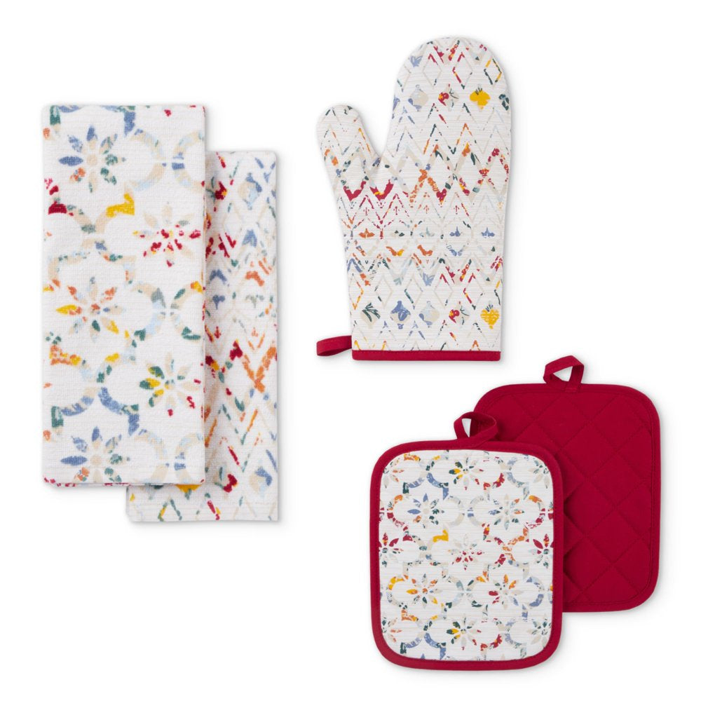 5 Pieces Tile Kitchen Towel, Pot Holder, and Oven Mitt Set, Multi, 15"W X 25"L