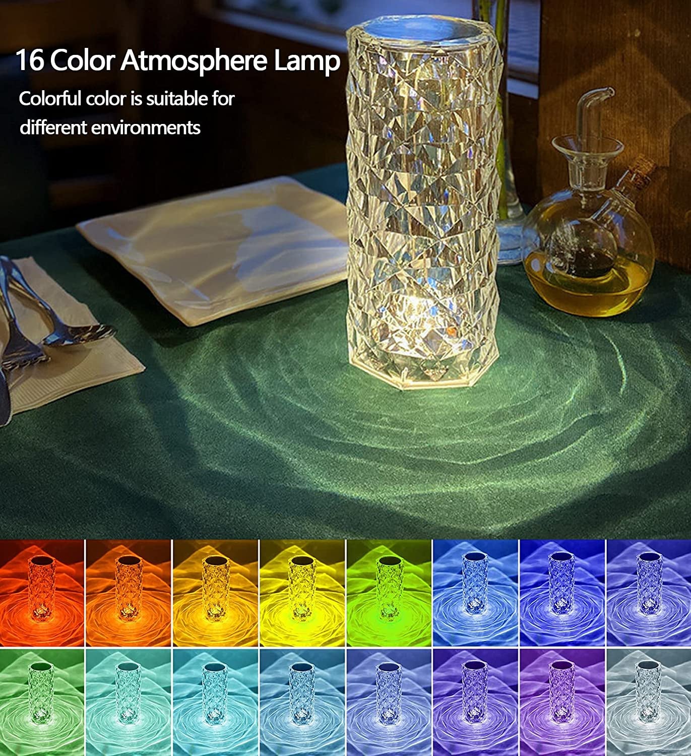 Crystal Lamp, Rose Diamond Table Lamp, 16 Colors RGB With Touch And Remote Control, USB Rechargeable Decorative Acrylic Rays lamp, Christmas decorations, Atmosphere Light for Living Room, Bedroom, Bar
