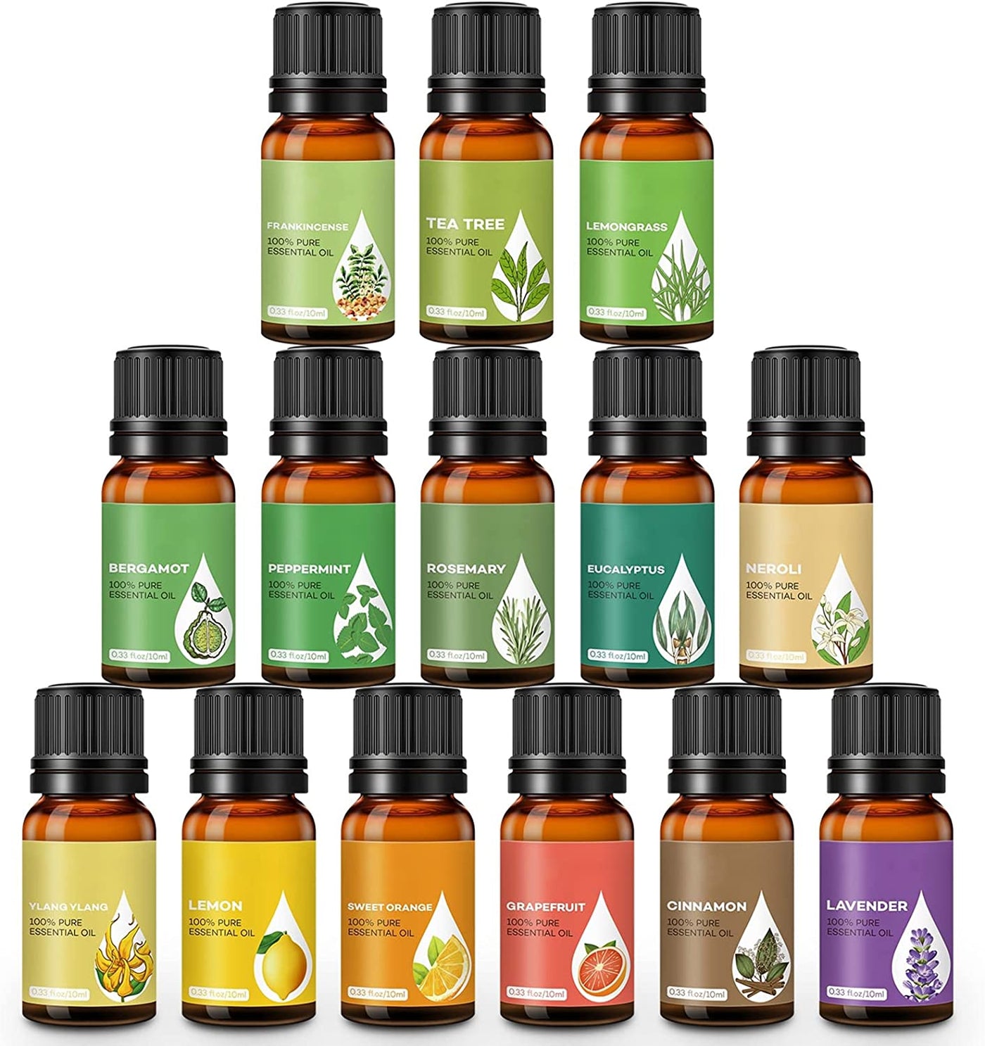 Set of 6 or 14 Essential Oils - Pure Aromatherapy Oils Kit, Lavender, Eucalyptus, Peppermint, Tea Tree, Lemongrass, Sweet Orange