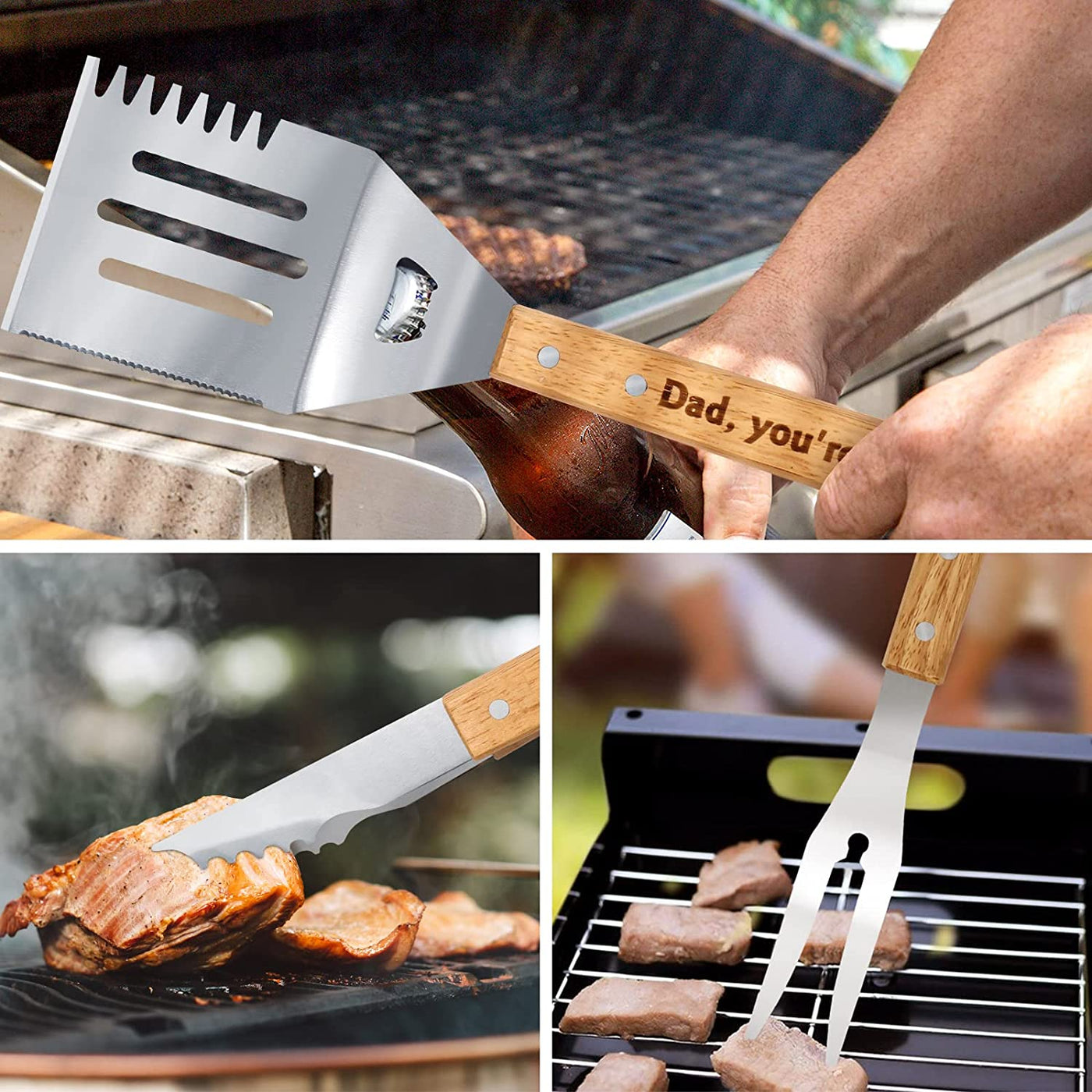 Father's Day BBQ Tools Set for Dad Engraved Grill Kit King of The Grill Summer Barbecue Xmas Housewarming Dad's Birthday Present Pack of 3