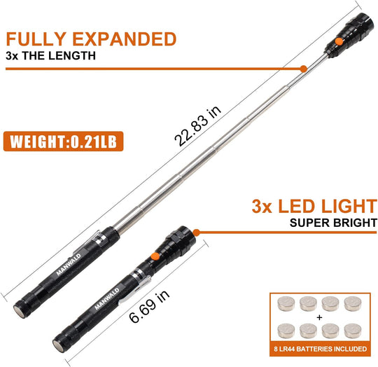  Telescoping Magnetic Pickup Tools, LED Magnetic Flashlights with Extendable Magnet Stick, Birthday Gifts for Men, Dad, Husband, Craftsman and Mechanic, Black