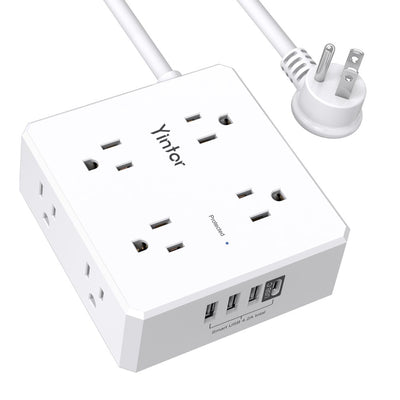 6 Ft Extension Cord Power Strip, 3 Side 8 Widely Surge Protector Outlets with 4 USB Ports,Flat Plug,Wall Mount,Etl,White