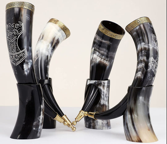 Viking Drinking Horn Mug | Handmade Drinking Horn with Mjolnir Engraved Tankard | Food Safe Medieval Game of Thrones Horn | For Hot & Cold Drink (1 Piece)