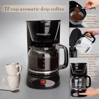 12-Cup Drip Coffee Maker, Includes Reusable And Removable Coffee Filter, Glass Carafe &Auto Keep Warm Function