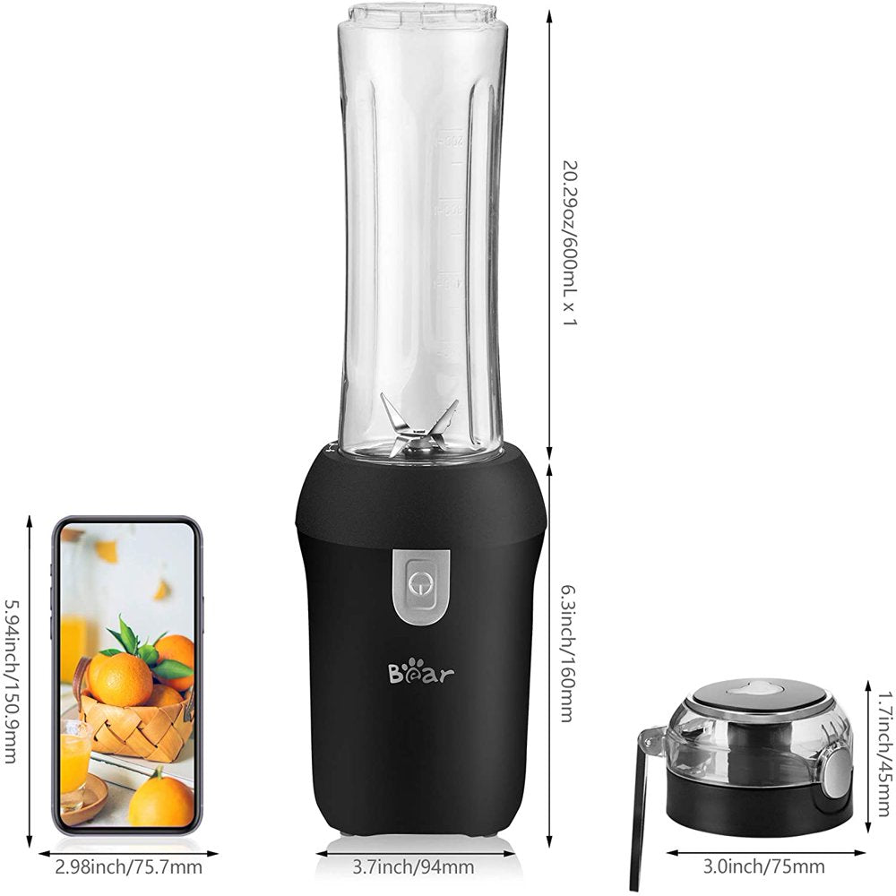 Bear Portable Personal Countertop Blender for Shakes and Smoothies, 300W Power with a 20.3 Ounces of Tritan Bpa-Free Bottle for Easy Travel, Black