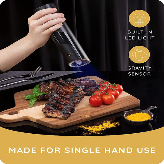 2 Piece Gravity Electric Salt and Pepper Grinder Set - Battery Operated, Adjustable Coarseness, One Hand Operation with LED Light and Cleaning Brush