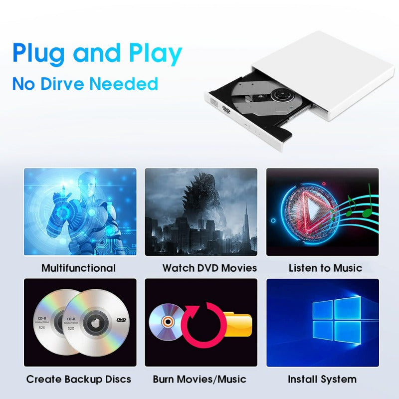 External Portable CD/ DVD Drive for Laptop, Notebook,  PC For Mac Windows 2000/Xp/Vista/7/8/10