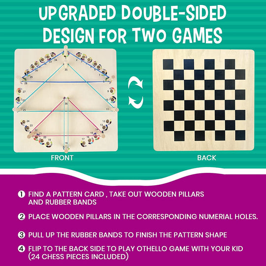Upgraded Wooden Geoboard with Othello Board Game - Educational Montessori Toys Wooden Geoboards with Rubber Bands and Pattern Cards, Math Manipulative Material STEM Puzzle Brain Teaser Gift for Kid