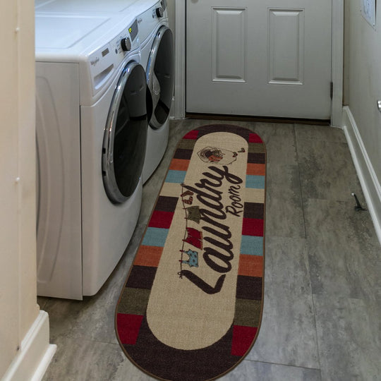 Washtown Non-Slip Rubberback Checkered Border 2X5 Laundry Room Runner Rug, 20" X 59" Oval, Multicolor