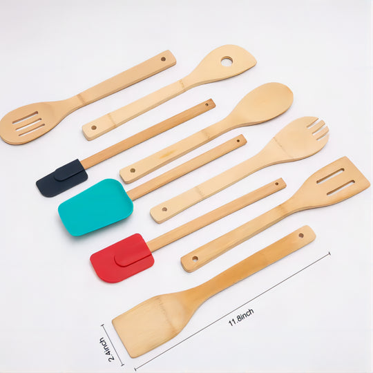 9 Piece 100% Natural Bamboo Utensil Set for Cooking