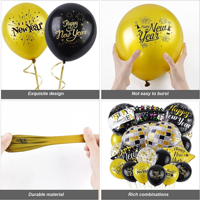 40 Pack Happy New Year Balloons Set - Foil Balloons and Latex Balloons - Black and Gold Decorations