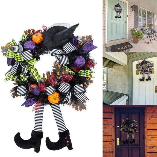 Halloween Wreath with Hat Legs Pumpkin Door Hanging Garland Front Door for Halloween Decorations