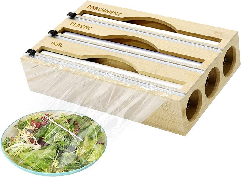 Bamboo Foil and Plastic Wrap Organizer Dispenser with Slide Cutter