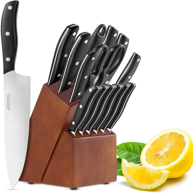 15-Piece Professional Chef Knife Set with Wooden Block, High Carbon Stainless Steel With Scissors, Knife Sharpener and 6 Serrated Steak Knives