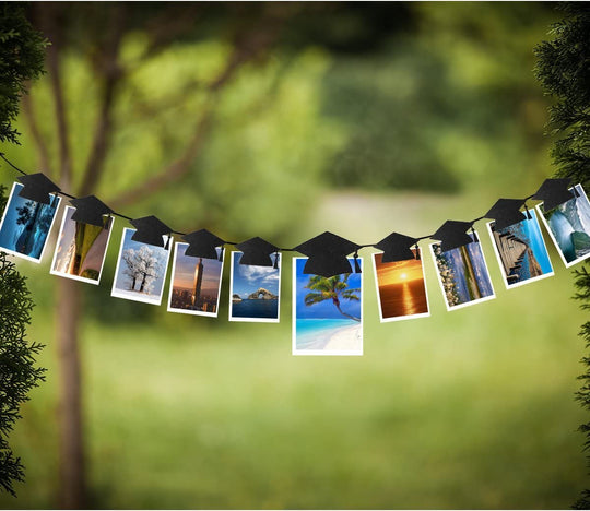Grad Cap Photo Banner Garland with Clip,Graduation Party Decorations(Black or White Rope Random)