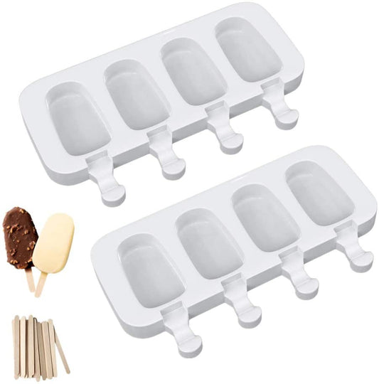 Popsicle Molds Set of 2, Ice Pop Molds Silicone 4 Cavities Ice Cream Mold Oval Cake Pop Mold with 50 Wooden Sticks for DIY Popsicle, Clear