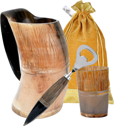 Engraved Medieval Norse Style Polished Drinking Horn Mug - with Horn Shot Glass | Bottle Opener | Golden Gift Bag | Large Horn Spoon | 20 Oz. (Carved Mug)