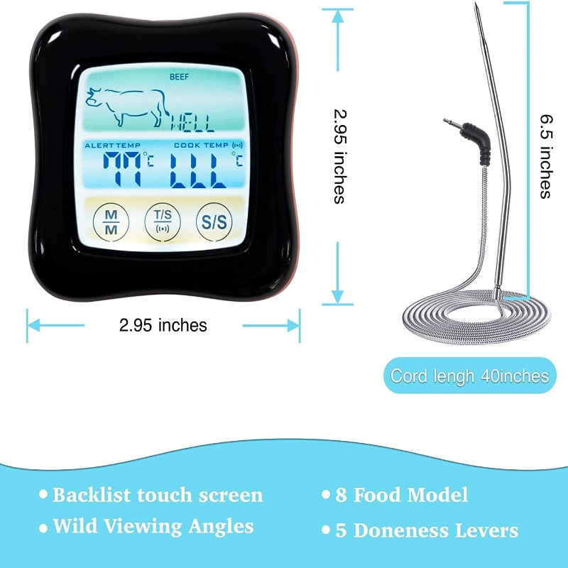 Digital Instant Read Meat Thermometers with Probe for Cooking and Grilling, Kitchen Timer, and Touchscreen LCD