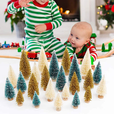 30PCS Artificial Mini Christmas Trees, Upgrade Sisal Pine Trees with Wood Base Bottle Brush Trees for Christmas Table Top Decor(Green, Gold and Ivory)