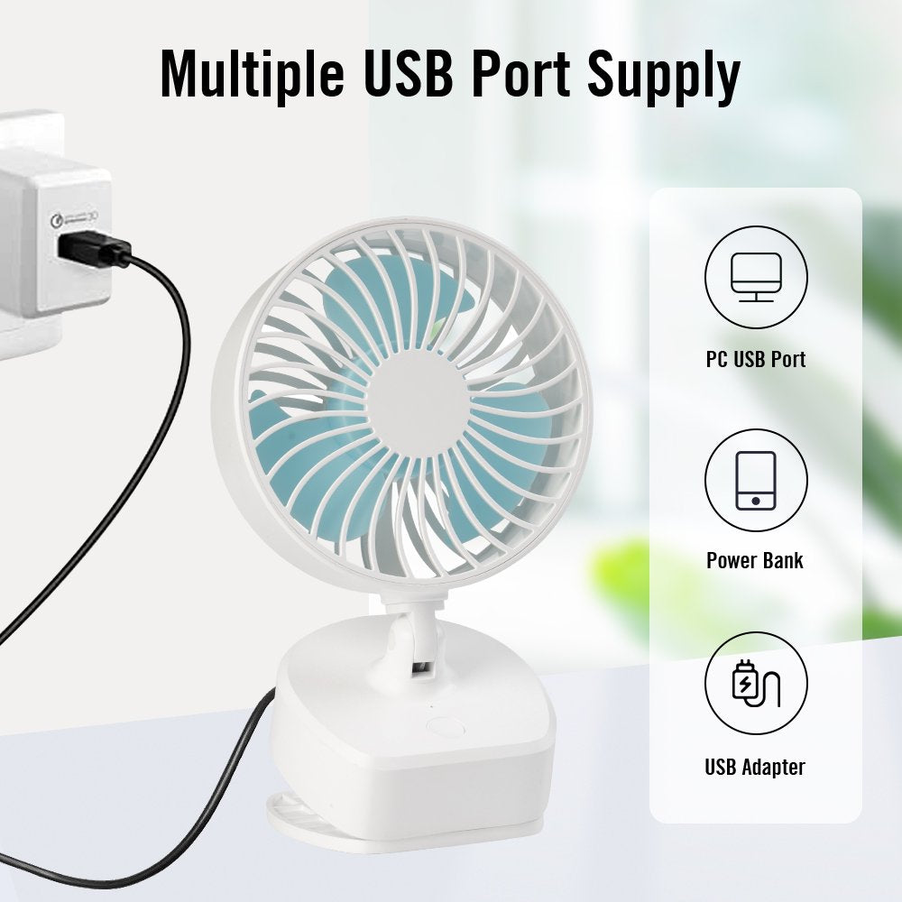 4 Inch Clip on Fan Personal Cooling Fan Desk Fan Battery Operated Fan Mini Car Fan Sturdy Clamp 3 Speeds Quiet Adjustable Tilt for Bedroom Office Desktop Treadmill White