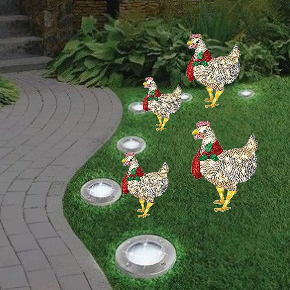 Light-Up Chicken with Scarf Holiday Decoration, Small/Large Metal Chicken Christmas Ornaments Battery Powered & 50 Mini Lights, Spring Rooster Animal Garden Stakes for  Ground Lawn Outdoor