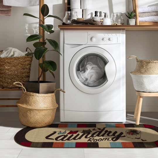 Washtown Non-Slip Rubberback Checkered Border 2X5 Laundry Room Runner Rug, 20" X 59" Oval, Multicolor