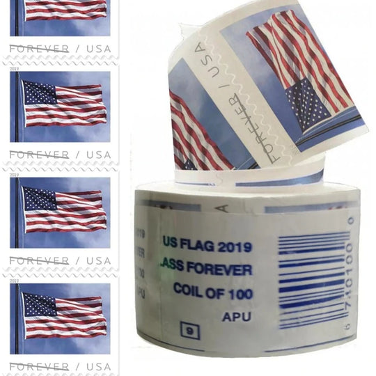 USPS FOREVER STAMPS US Flag, Coil of 100 Postage Stamps (2019)