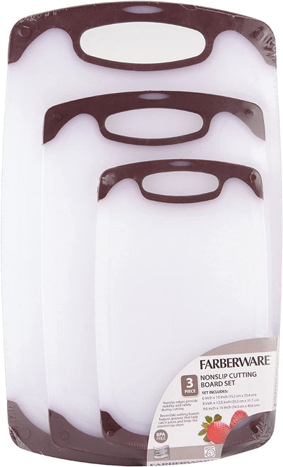 Farberware Non Slip Plastic Cutting Board Set with Juice Grooves, 3-Piece, Maroon