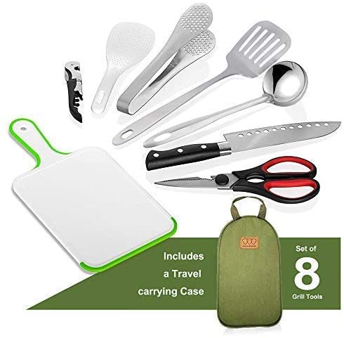 Gold Armour Camp Kitchen Utensil Organizer Travel Set Portable BBQ Camping Cookware Stainless Steel Utensils Travel Kit Outdoor Equipment Cutting Board Tongs Scissors Knife Ladle Spatula
