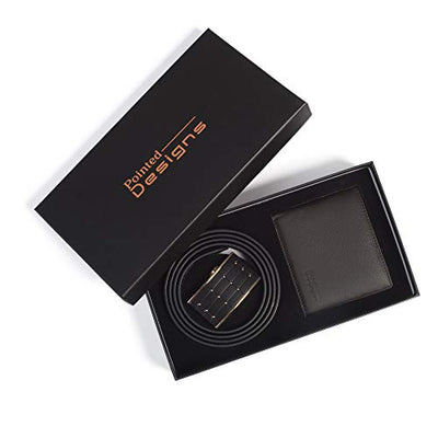 Men's Luxurious Genuine Leather Ratcheting Black Belt and Brown Wallet Gift Set