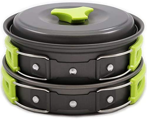 N Camping Cookware Mess Kit, Backpacking Gear and Hiking Outdoors Bug Out Bag Cooking Equipment 10 Piece Cookset | Lightweight, Compact, Durable Pot Pan Bowls with Free Folding Spork and Nylon Bag