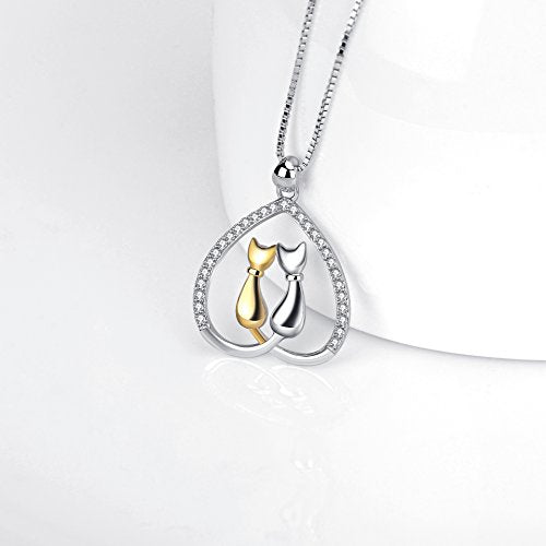 925 Sterling Silver Two-Tone Eternal Love Heart Cats Necklace