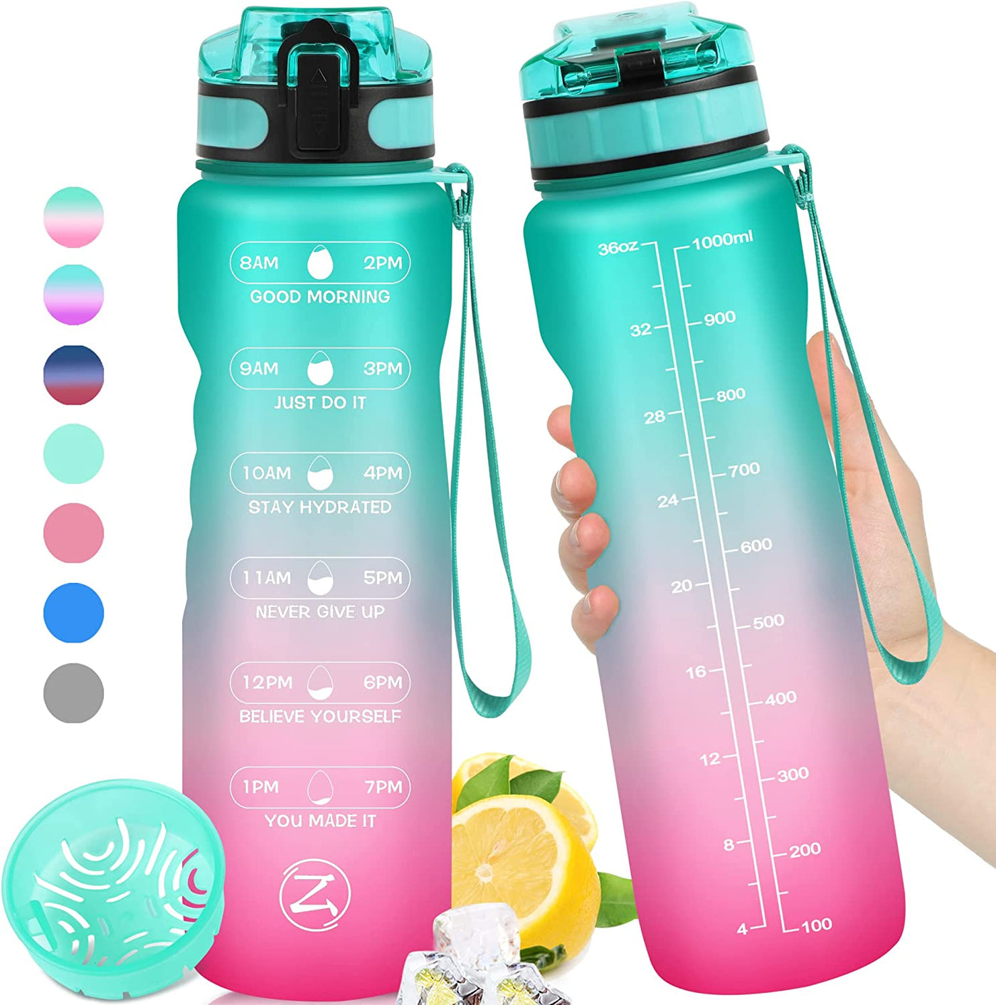  32oz Motivational Water Bottle with Times to Drink,Time Marker & Removable Strainer,Fast Flow,Leakproof Tritan BPA Free Non-Toxic Water Jug for Fitness,Gym,Sports