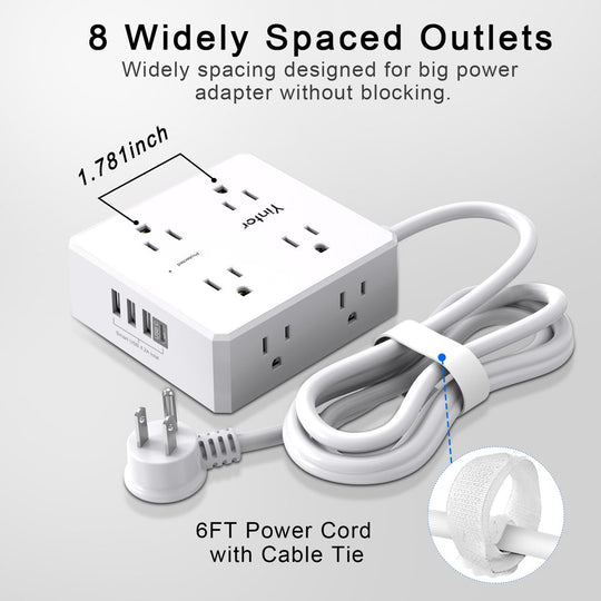 6 Ft Extension Cord Power Strip, 3 Side 8 Widely Surge Protector Outlets with 4 USB Ports,Flat Plug,Wall Mount,Etl,White