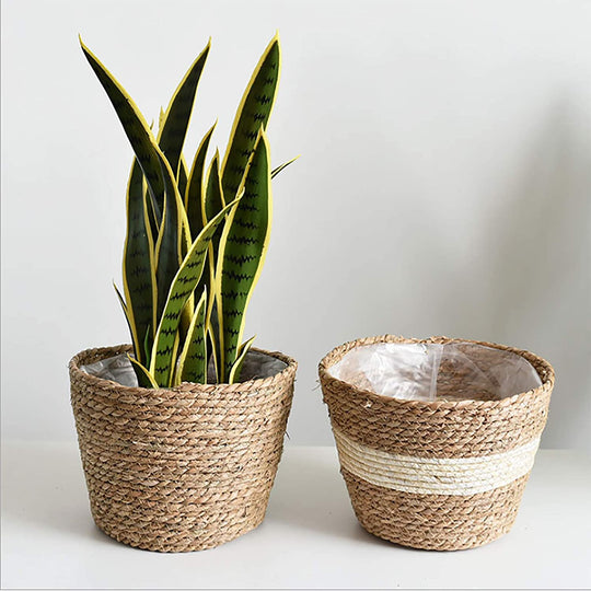  Seagrass Basket Planters, Flower Pots Cover Storage Basket Plant Containers Hand Woven Basket Planter with Plastic Liners Straw Flower Pot for Indoor Outdoor Plant Flower Pots