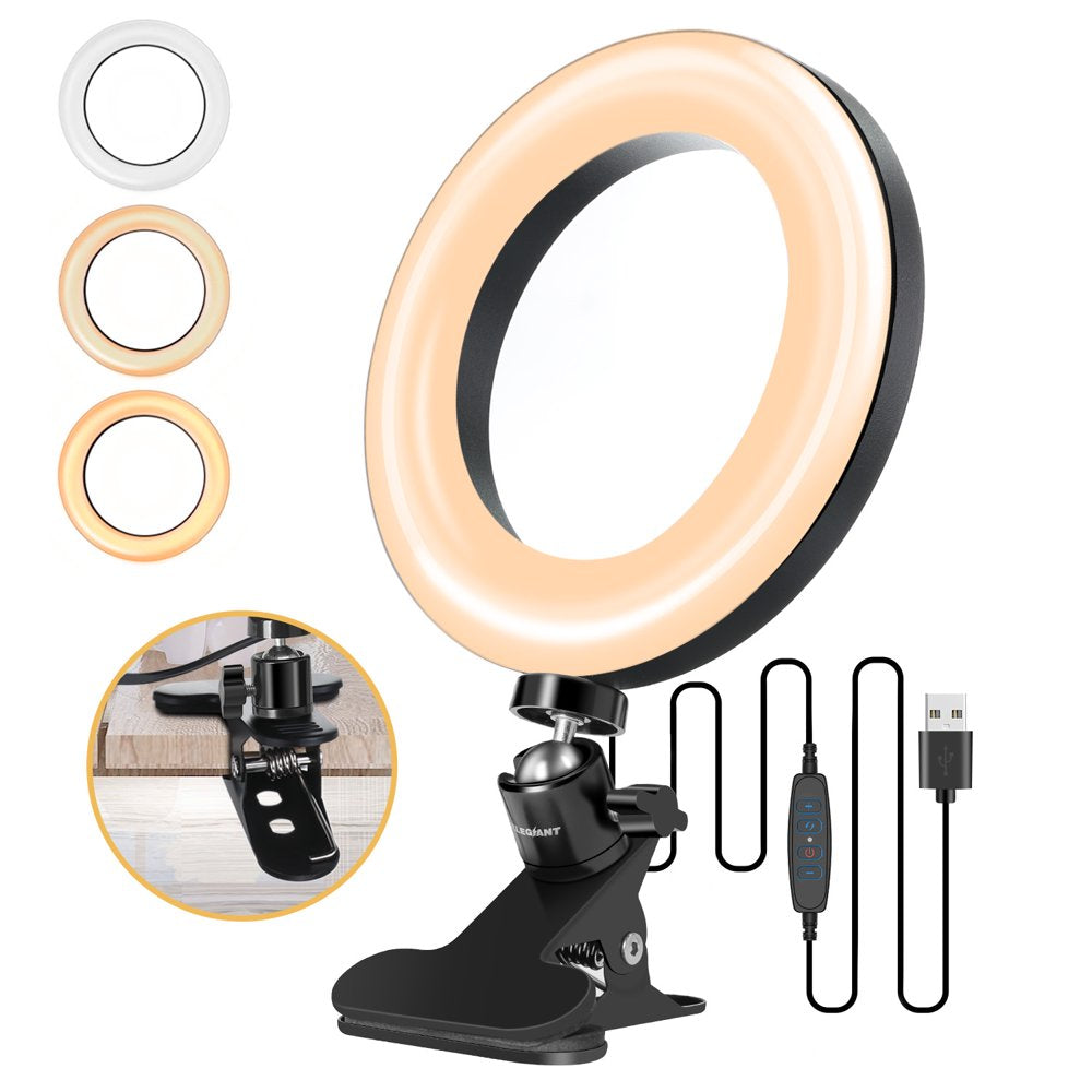 6.3" Selfie Ring Light with Clamp Mount for Desk, Bed, Office, Makeup, Youtube, Video, Live Steam & Broadcast, 3 Dimmable Color & 10 Brightness , 360 Degrees Rotatable