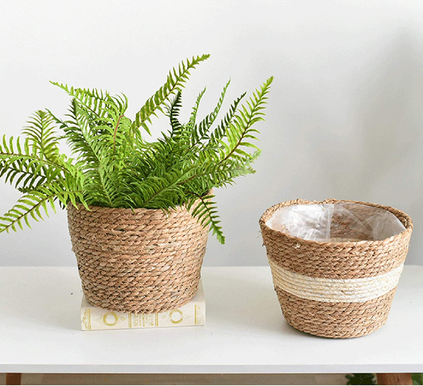 Seagrass Basket Planters, Flower Pots Cover Storage Basket Plant Containers Hand Woven Basket Planter with Plastic Liners Straw Flower Pot for Indoor Outdoor Plant Flower Pots