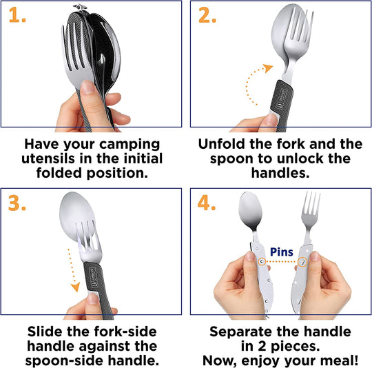 Orblue 4-in-1 Camping Utensils, 2-Pack - Portable Stainless Steel Spoon, Fork, Knife & Bottle Opener Combo Set - Travel, Backpacking Cutlery Multitool, Blue