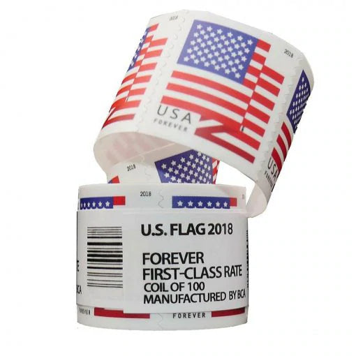 USPS FOREVER STAMPS US Flag, Coil of 100 Postage Stamps (2018)
