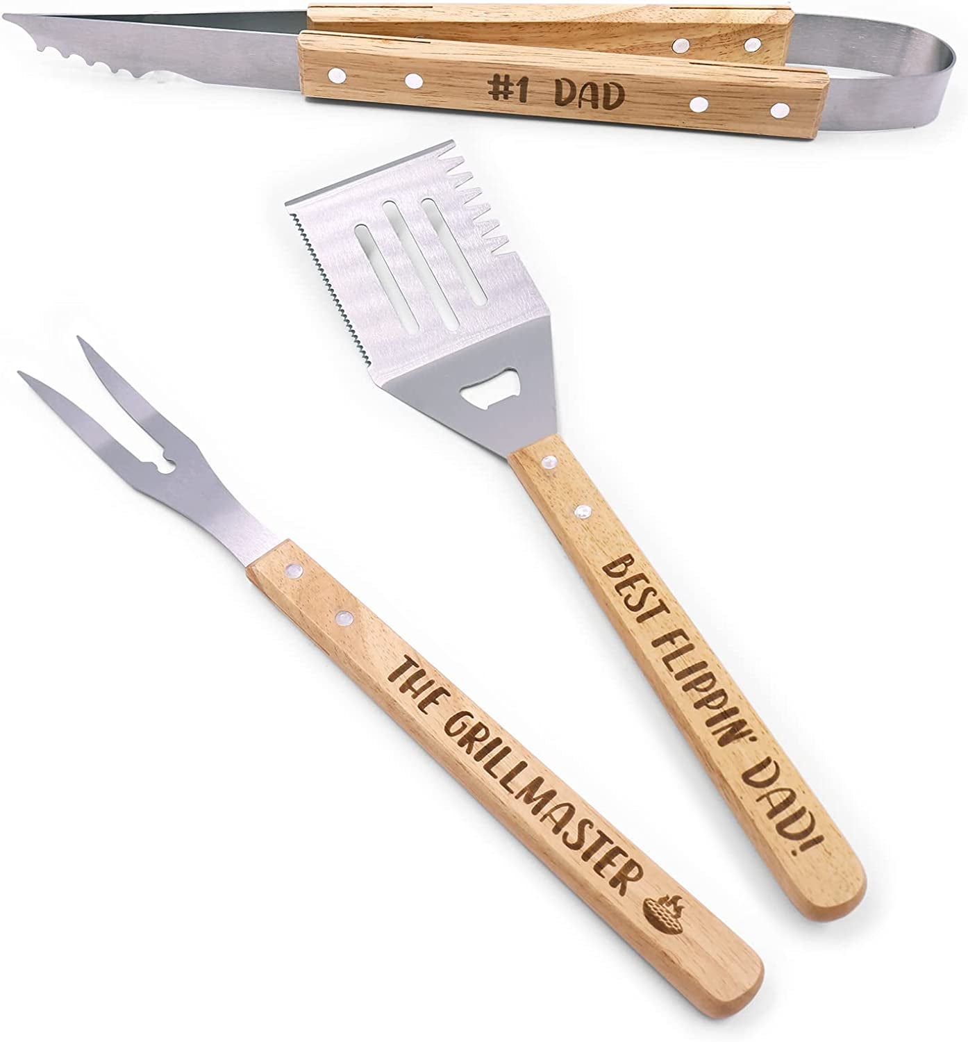 Father's Day BBQ Tools Set for Dad Engraved Grill Kit King of The Grill Summer Barbecue Xmas Housewarming Dad's Birthday Present Pack of 3