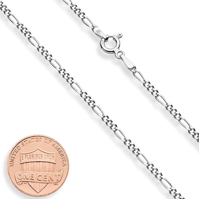 Solid 925 Sterling Silver Italian 2.3mm Diamond-Cut Figaro Link Chain Necklace