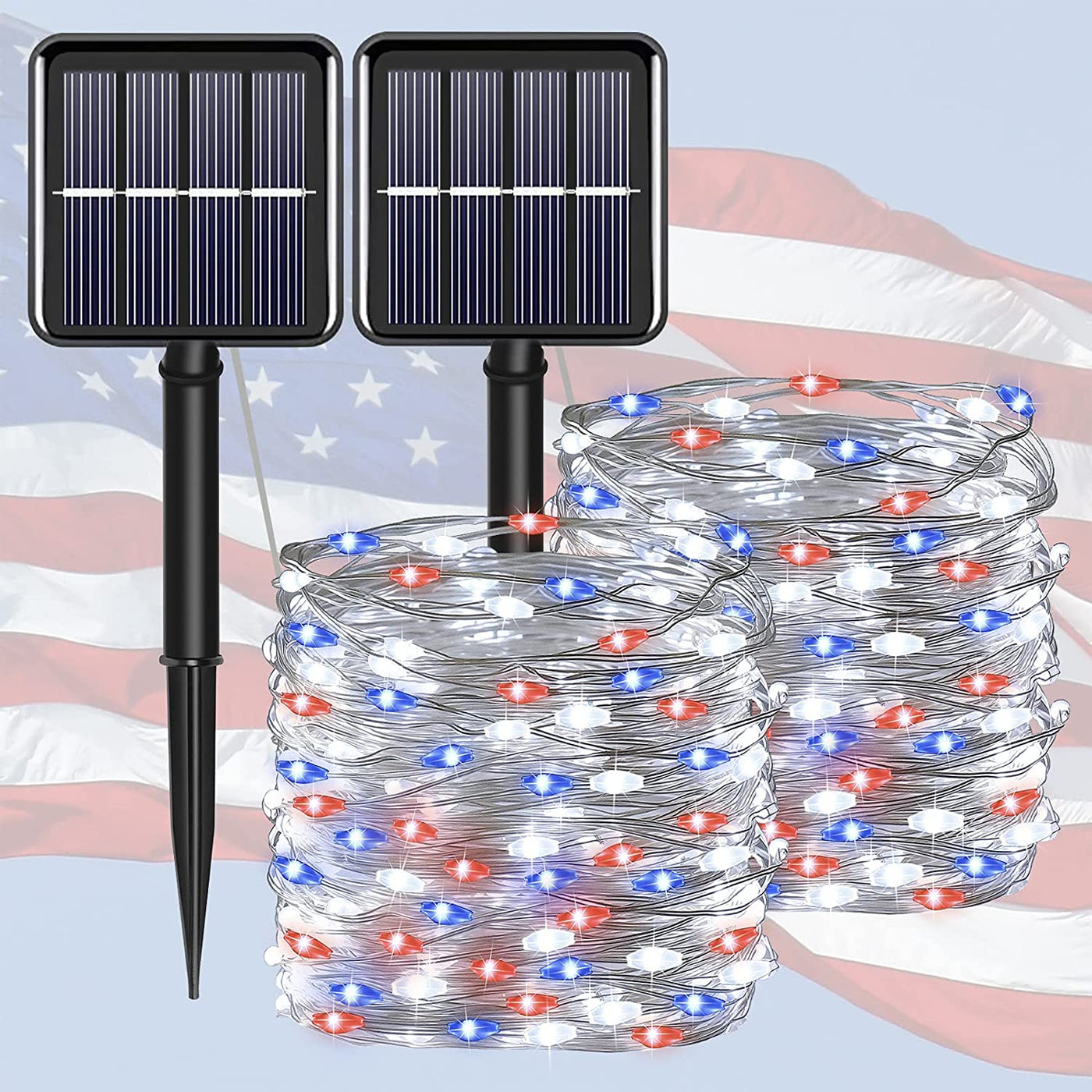 4th of July Patriotic Decorations for Home Outdoor Lights-Red White Blue Solar String Lights,2Pack Each 100LED 33ft 