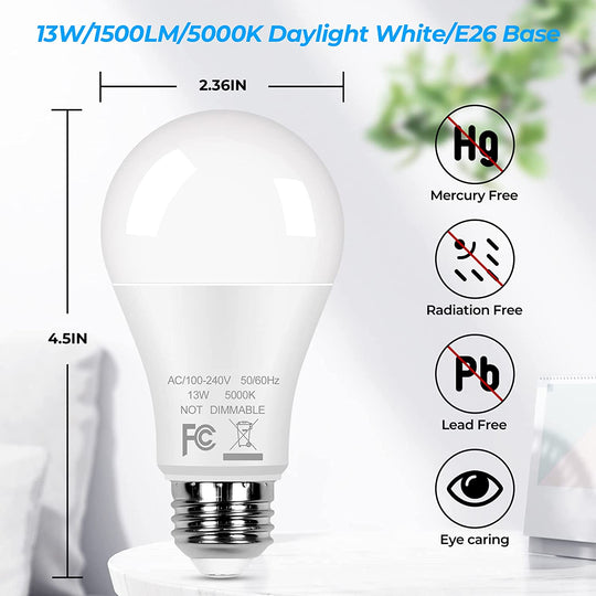 12-Pack A19 LED Light Bulbs, 100W Equivalent Bulbs, 13W 5000K Daylight White LED Bulbs with Standard E26 Medium Base