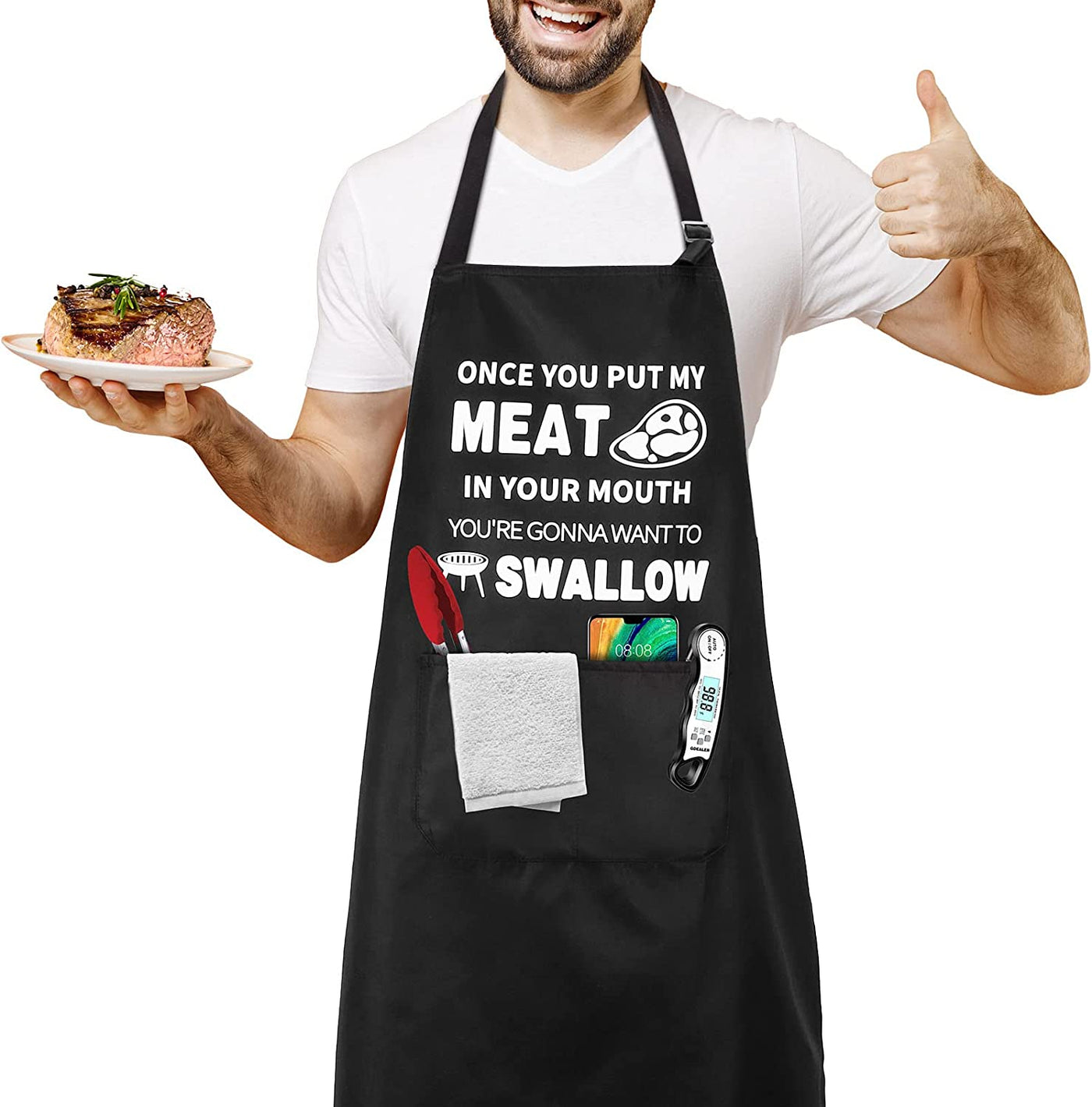 Funny BBQ Apron Cooking Bib Aprons with 2 Pockets Gift for Father Husband Chef