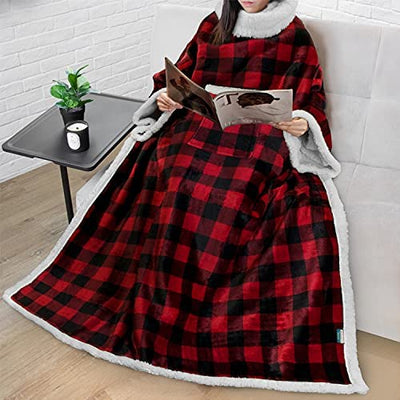 Deluxe Cozy Sherpa or Fleece Adult Wearable 70" Blanket with Sleeves for Men & Women